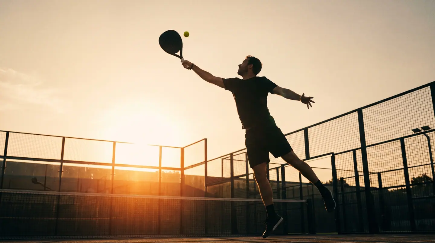 KI-generiert: Padelspieler im Sprung beim Schlag am Netz eines Padelcourts